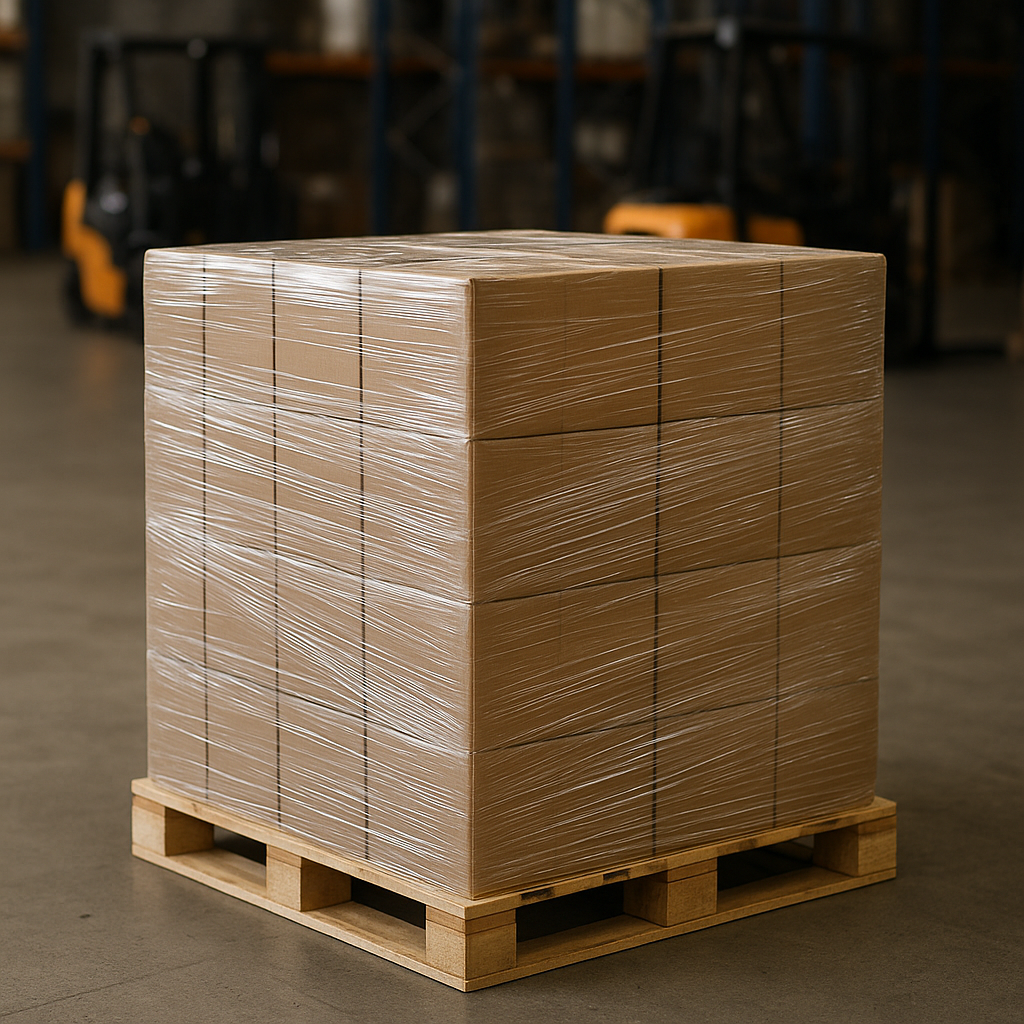 Tarima emplayada con film stretch de forma uniforme y carga estable lista para transporte.