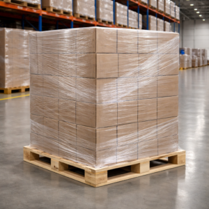 Proceso de emplayado industrial optimizado que reduce el consumo de plástico, mejora la estabilidad de carga y contribuye al cumplimiento de objetivos ESG en la industria logística.