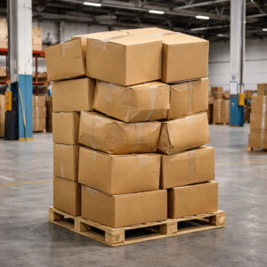 Tarima industrial con carga inestable y colapso estructural por falta de soporte vertical.