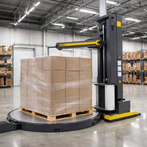 Sistema automatizado de emplayado aplicando tensión uniforme para lograr cargas estables y seguras en logística industrial.