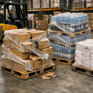 Tarimas con emplayado inconsistente que muestran tensión irregular del stretch film y cargas inestables en entorno industrial.