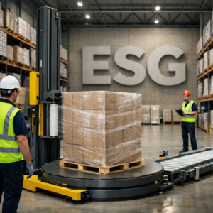 Centro logístico industrial donde el emplayado automatizado y el uso eficiente de stretch film se integran a una estrategia ESG enfocada en sostenibilidad, seguridad laboral y eficiencia operativa.