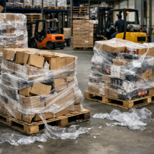 Tarimas con emplayado deficiente y playo de baja calidad que generan cargas inestables en entorno industrial.