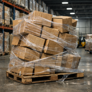 Tarima mal emplayada con rollo de emplaye inadecuado, mostrando inestabilidad de carga y riesgo logístico