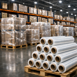 Centro logístico con múltiples tarimas emplayadas y varios rollos de emplaye visibles como solución de embalaje industrial.