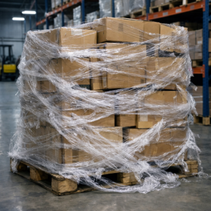 Tarima mal emplayada con exceso de stretch film, material suelto y arrugado, carga inestable en almacén industrial.
