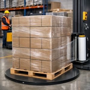 Tarima correctamente emplayada con stretch Film, aplicación uniforme, carga estable y alineada en almacén industrial.