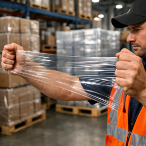 Operador realizando prueba manual de stretch film estirándolo con las manos para evaluar elasticidad, resistencia y desempeño en emplayado industrial.