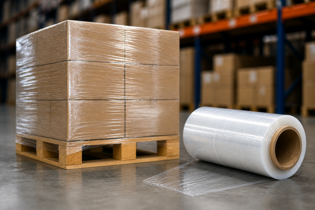 Palé de cajas envueltas en plástico