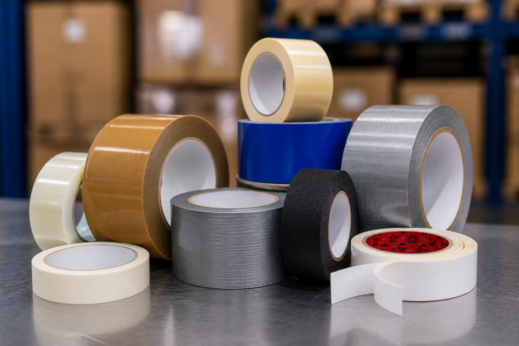 cintas industriales organizadas sobre una superficie metálica, incluyendo cintas de empaque, duct tape y cintas especiales.