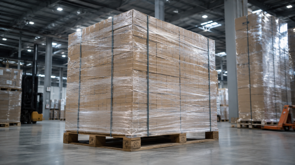 Paleta de cajas envueltas en plástico