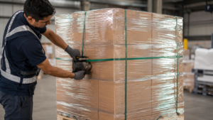Trabajador asegurando una tarima de exportación con fleje PET sobre una carga previamente emplayada con stretch film en un almacén industrial. La imagen muestra un proceso profesional de embalaje para mejorar la estabilidad de la carga, reducir movimientos durante el transporte y proteger los productos en operaciones logísticas y de exportación.