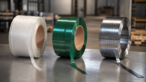 Rollos de fleje de polipropileno (PP), poliéster (PET) y acero colocados sobre una mesa de trabajo en un entorno industrial. La imagen ilustra los principales materiales utilizados para el aseguramiento de cargas, embalaje y transporte de mercancías, destacando las diferencias entre las soluciones más utilizadas en logística y exportación.