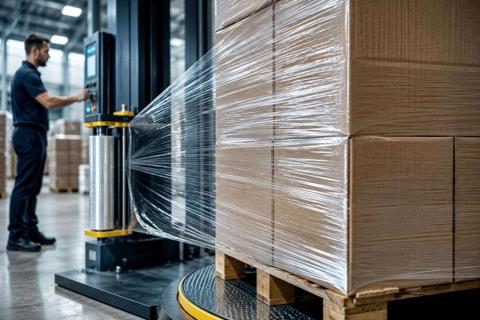 Máquina automatizada emplayando tarima con cajas usando stretch film de alto rendimiento en almacén industrial