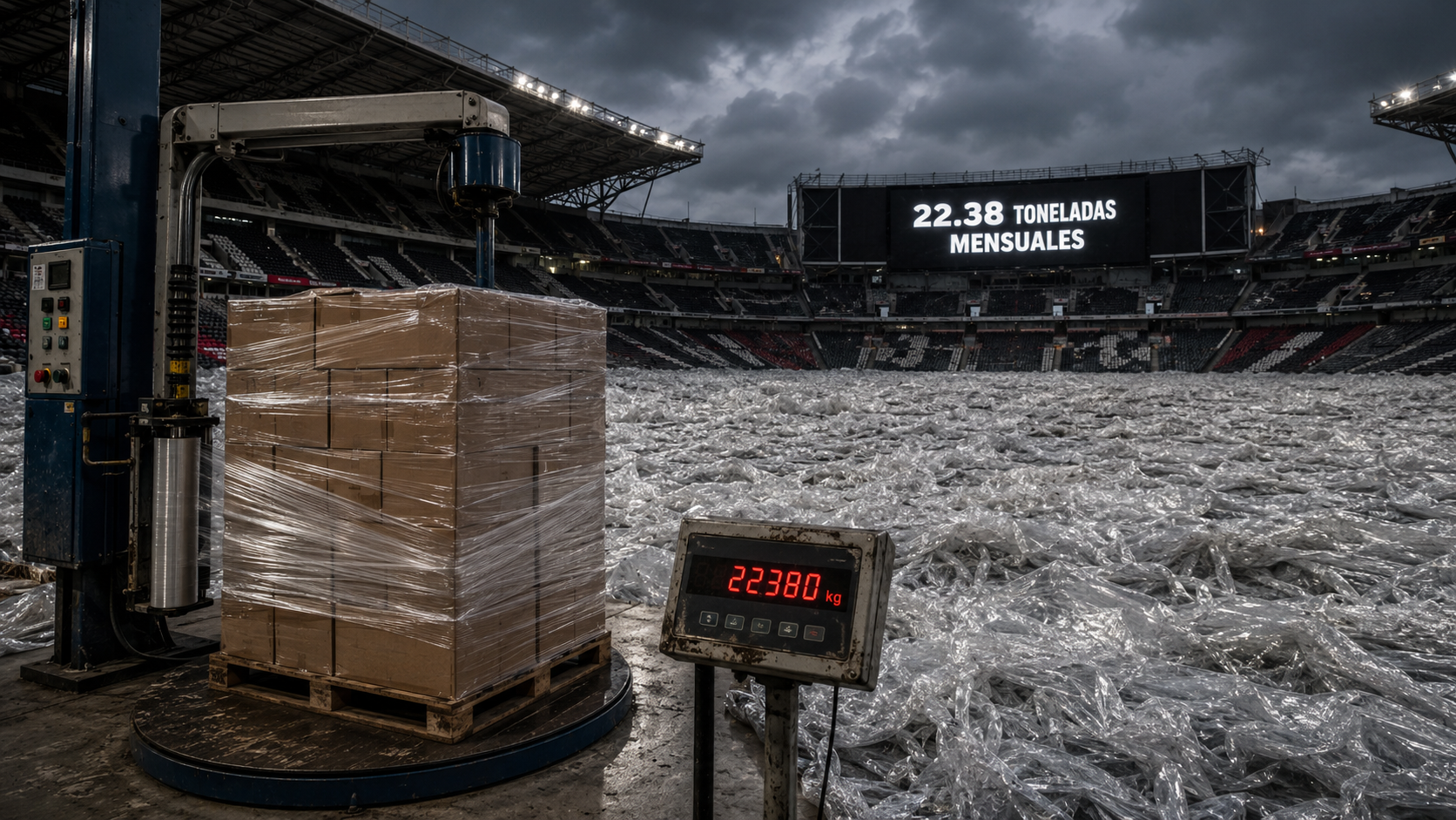 Tarima con cajas envueltas en plástico estirable sobre una báscula industrial dentro de un estadio, con el campo cubierto de plástico y una pantalla gigante al fondo que indica 22.38 toneladas mensuales.