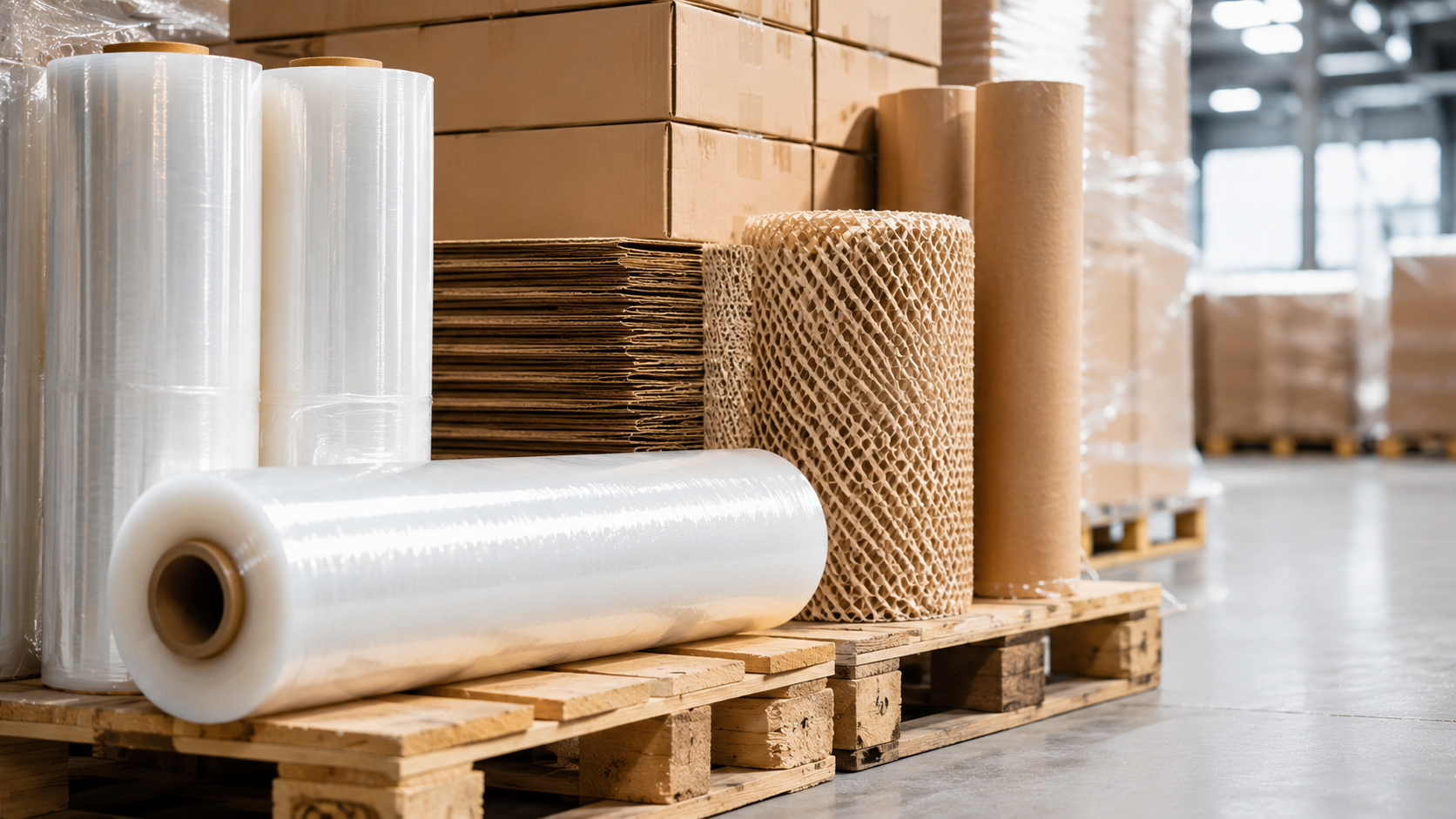 Materiales para empaque sostenible industrial como stretch film, cartón y papel