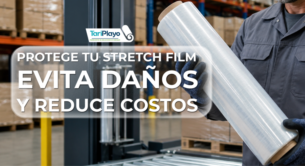 Operador inspeccionando un rollo de stretch film para evitar daños antes de su aplicación