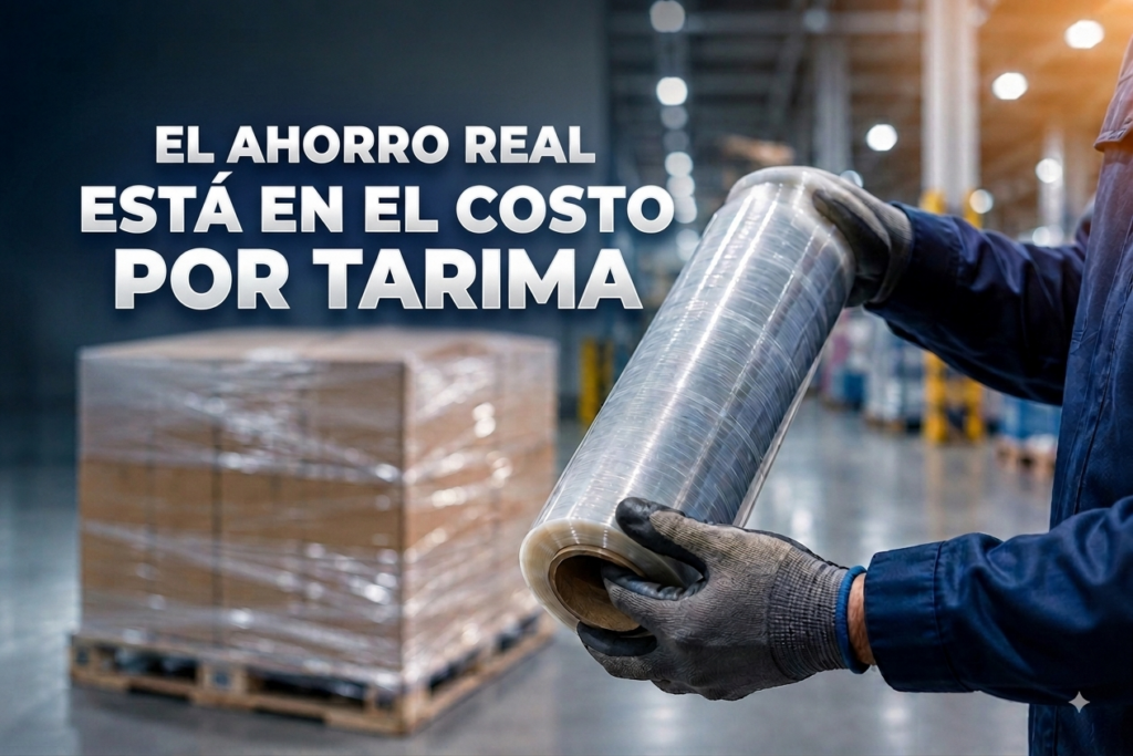 Técnico sosteniendo rollo de stretch film junto a una tarima industrial emplayada