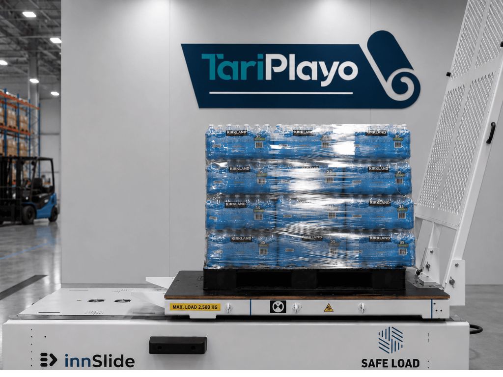 Tarima emplayada con stretch film de alto rendimiento sometida a prueba de estabilidad de carga en Tariplayo.