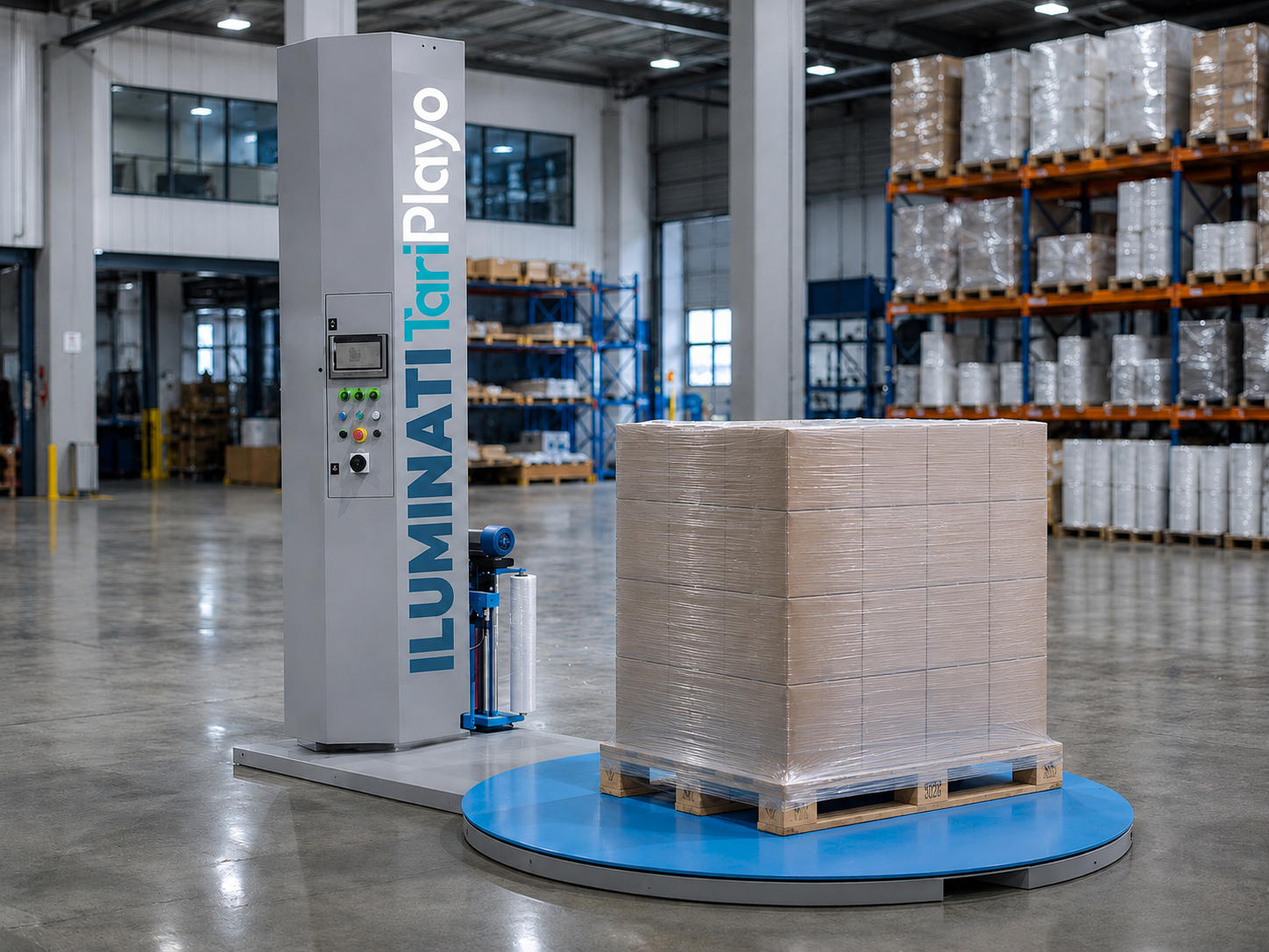 Envolvedora de palets industrial operando en un almacén para optimizar el enfardado de mercancía.